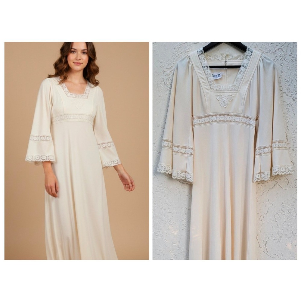 Act I New York Maxi Dress Women S Cream Vintage 70s Lace Bell Sleeve Prairie